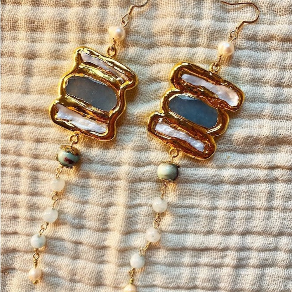 Gold-Tone aquamarine & Pearl Drop Earrings - Blue and White